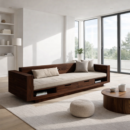 Walnut Solid Wood Storage Sofa – Modern Wooden Sofa with Drawers and Open Shelves