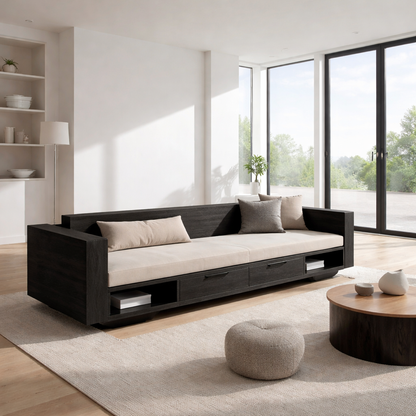 Walnut Solid Wood Storage Sofa – Modern Wooden Sofa with Drawers and Open Shelves