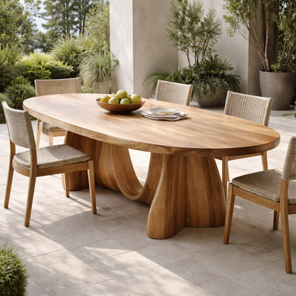 Oval Solid Wood Outdoor Dining Table with Sculptural Curved Pedestal Base