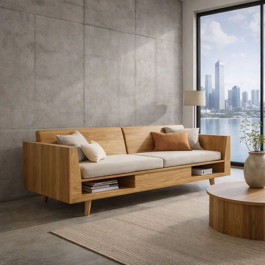Solid Wood Storage Sofa – Modern Oak Wooden Sofa with Open Shelf