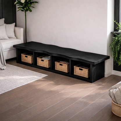 Solid Wood Storage Bench – Live Edge Wooden Bench with Open Cubby Shelves