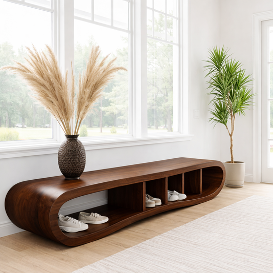 Solid Wood Shoe Storage Bench – Curved Wooden Entryway Bench with Open Cubby Shelf