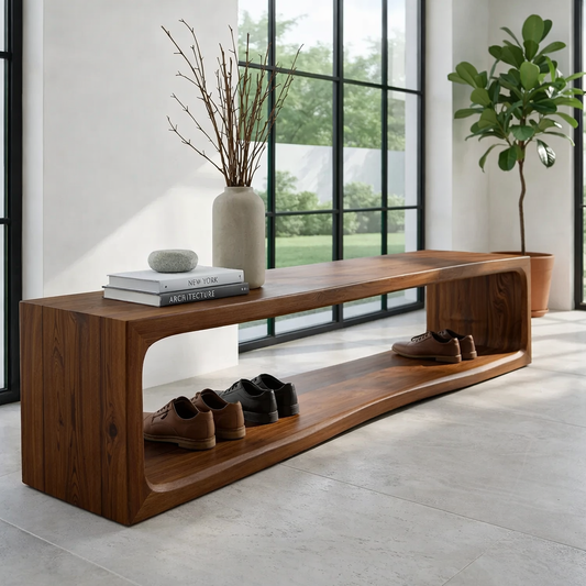 Solid Wood Console Table – Modern Waterfall Wood Console with Open Shelf