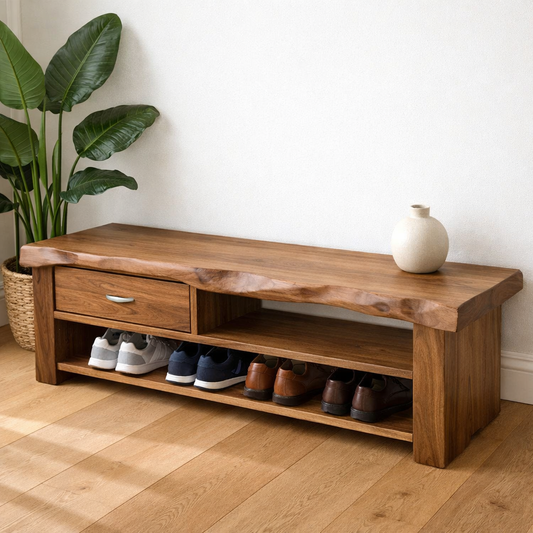 Solid Wood Shoe Storage Bench – Live Edge Entryway Bench with Drawer and Shelf
