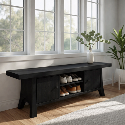 Solid Wood Shoe Storage Bench – Entryway Bench with Cabinet Doors and Open Shelf