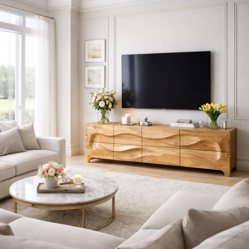 Solid Wood Sculptured Wave TV Console - Handcrafted Walnut Media Sideboard