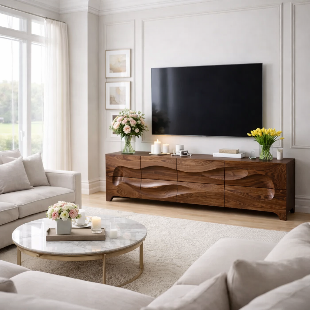 Solid Wood Sculptured Wave TV Console - Handcrafted Walnut Media Sideboard