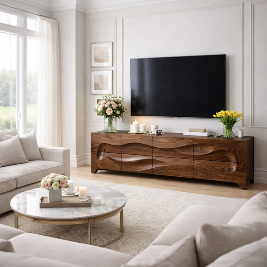 Solid Wood Sculptured Wave TV Console - Handcrafted Walnut Media Sideboard