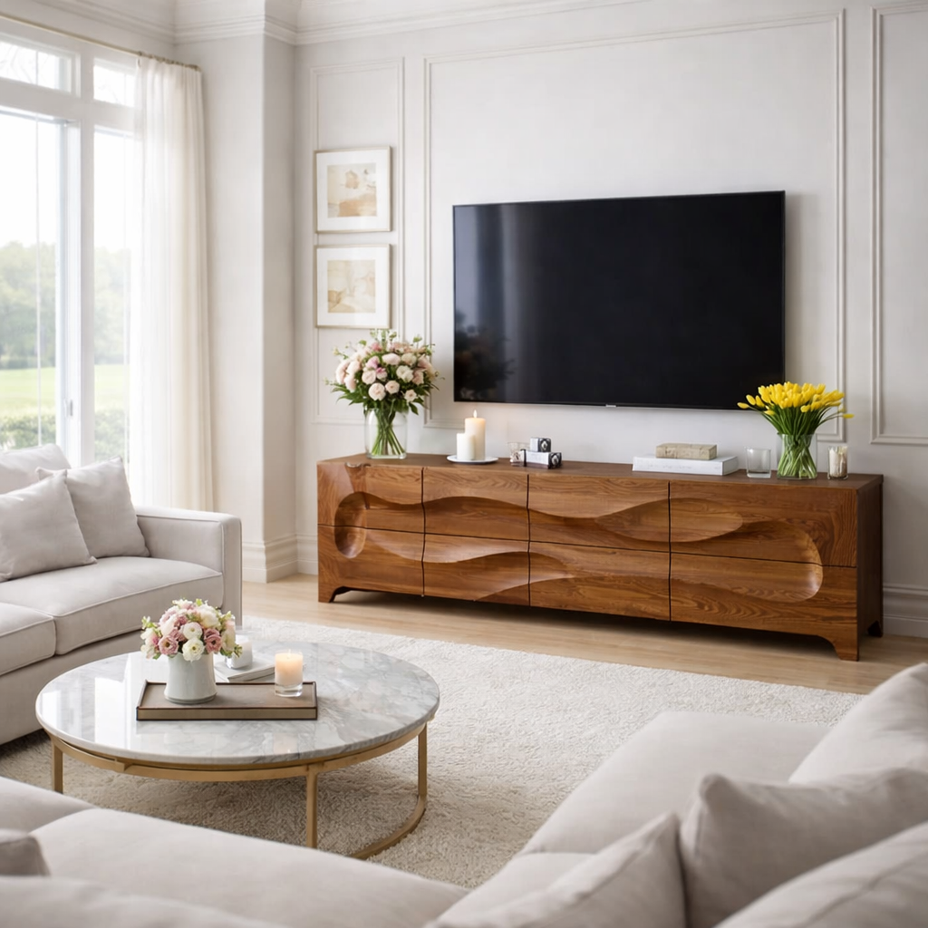 Solid Wood Sculptured Wave TV Console - Handcrafted Walnut Media Sideboard