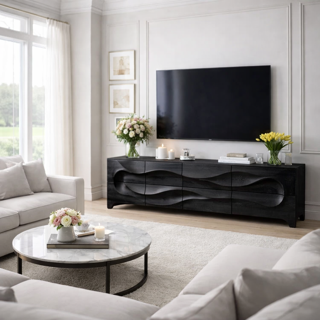 Solid Wood Sculptured Wave TV Console - Handcrafted Walnut Media Sideboard