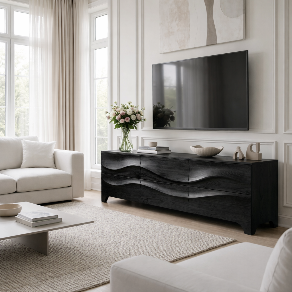 Modern Walnut Wave TV Stand – Sculpted Wood Media Console