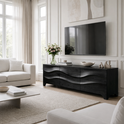Modern Walnut Wave TV Stand – Sculpted Wood Media Console