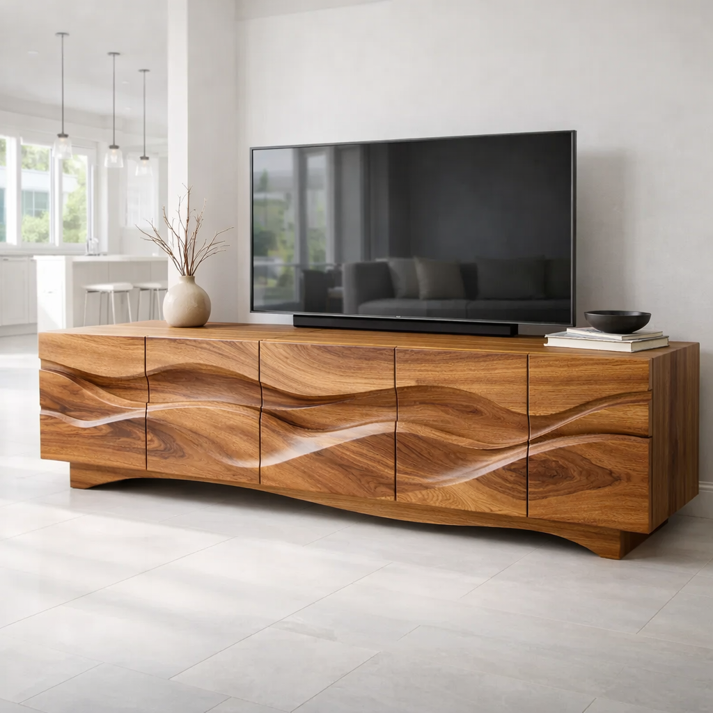 Luxury Walnut Wave TV Console – Sculpted Solid Wood Design