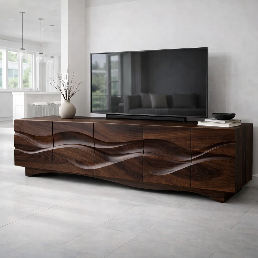 Luxury Walnut Wave TV Console – Sculpted Solid Wood Design