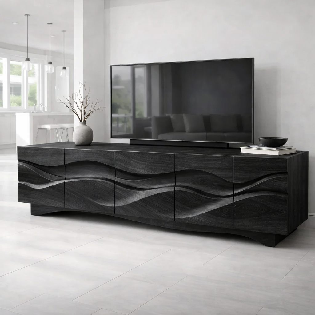 Luxury Walnut Wave TV Console – Sculpted Solid Wood Design