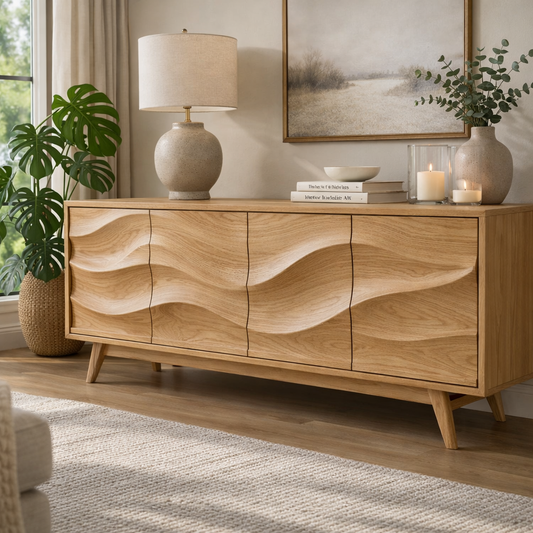 Solid Wood Console Table with Sculptural Wave Front for Modern Living Space