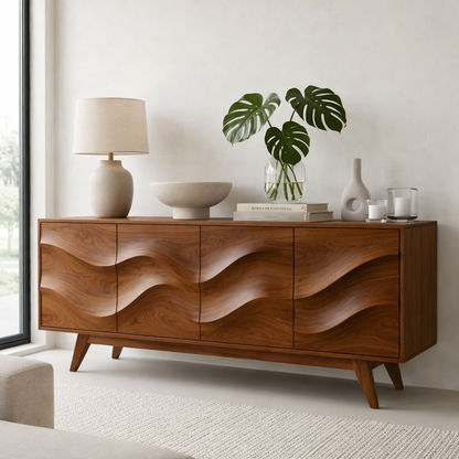 Solid Wood Console Table with Sculptural Wave Front for Modern Entryway