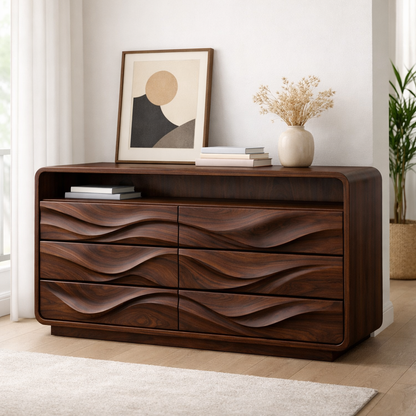 Solid Wood Console Table with Drawer Storage and Sculptural Wave Front Design