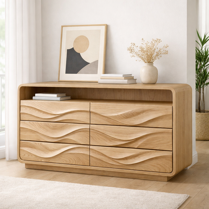 Solid Wood Console Table with Drawer Storage and Sculptural Wave Front Design