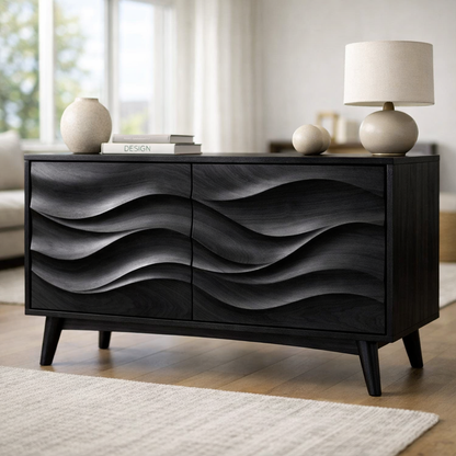 Solid Wood Console Table with Sculptural Wave Doors and Mid-Century Legs