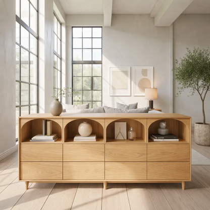 Solid Wood Console Table with Arched Open Shelves and Drawer Storage