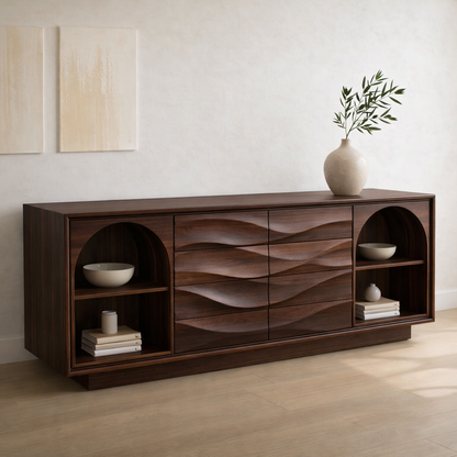 Solid Wood Console Table with Wave Drawer Front and Arched Shelf Storage for Modern Home