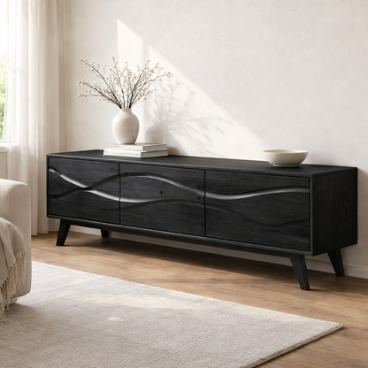 Solid Wood Console Table with Minimal Wave Carved Doors for Modern Living Room