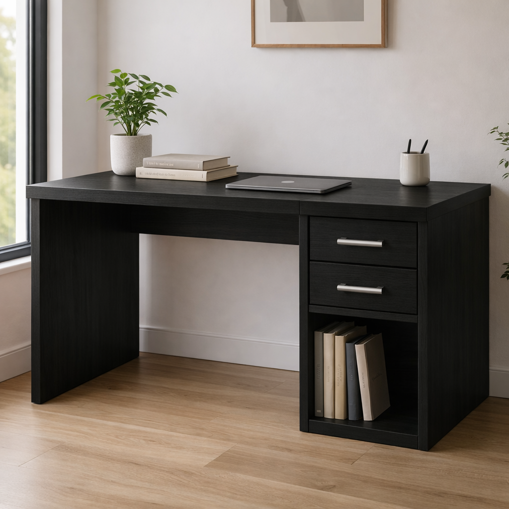 Solid Wood Desk with Drawers and Open Storage for Home Office