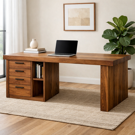 Handcrafted Solid Wood Office Desk with Storage Drawers and Open Shelf