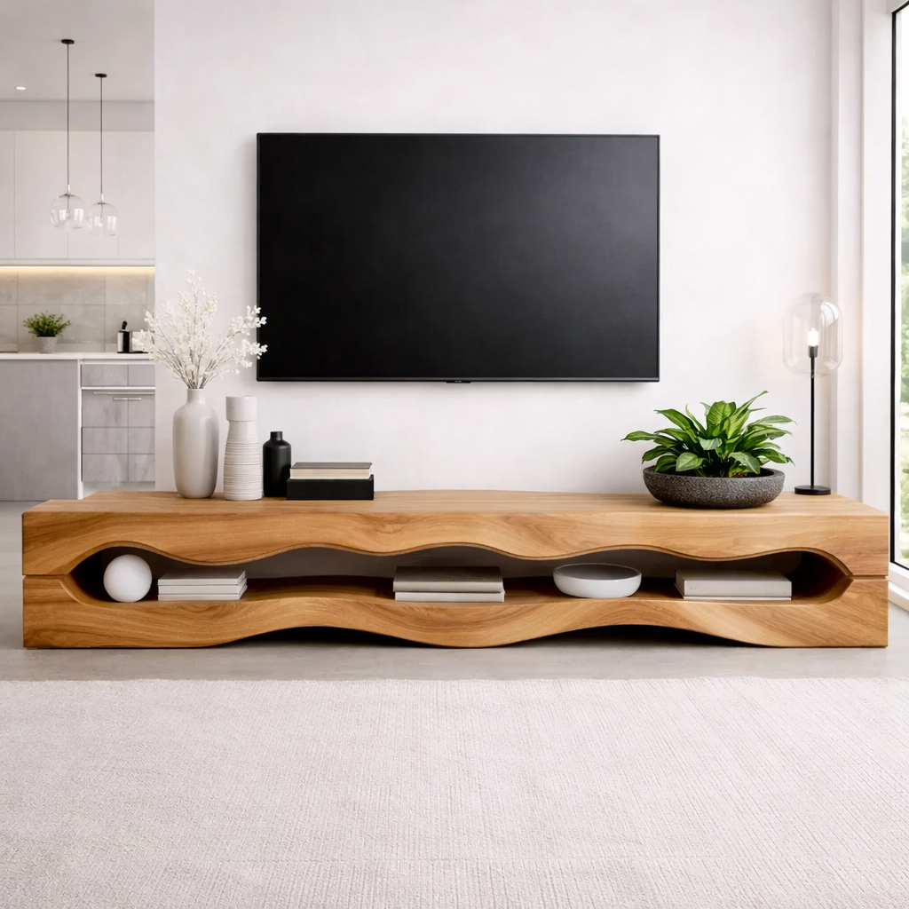 Solid Wood Wave TV Stand with Open Shelves for Modern Minimalist Living Room
