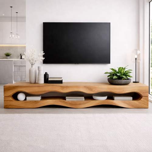 Solid Wood Wave TV Stand with Open Shelves for Modern Minimalist Living Room