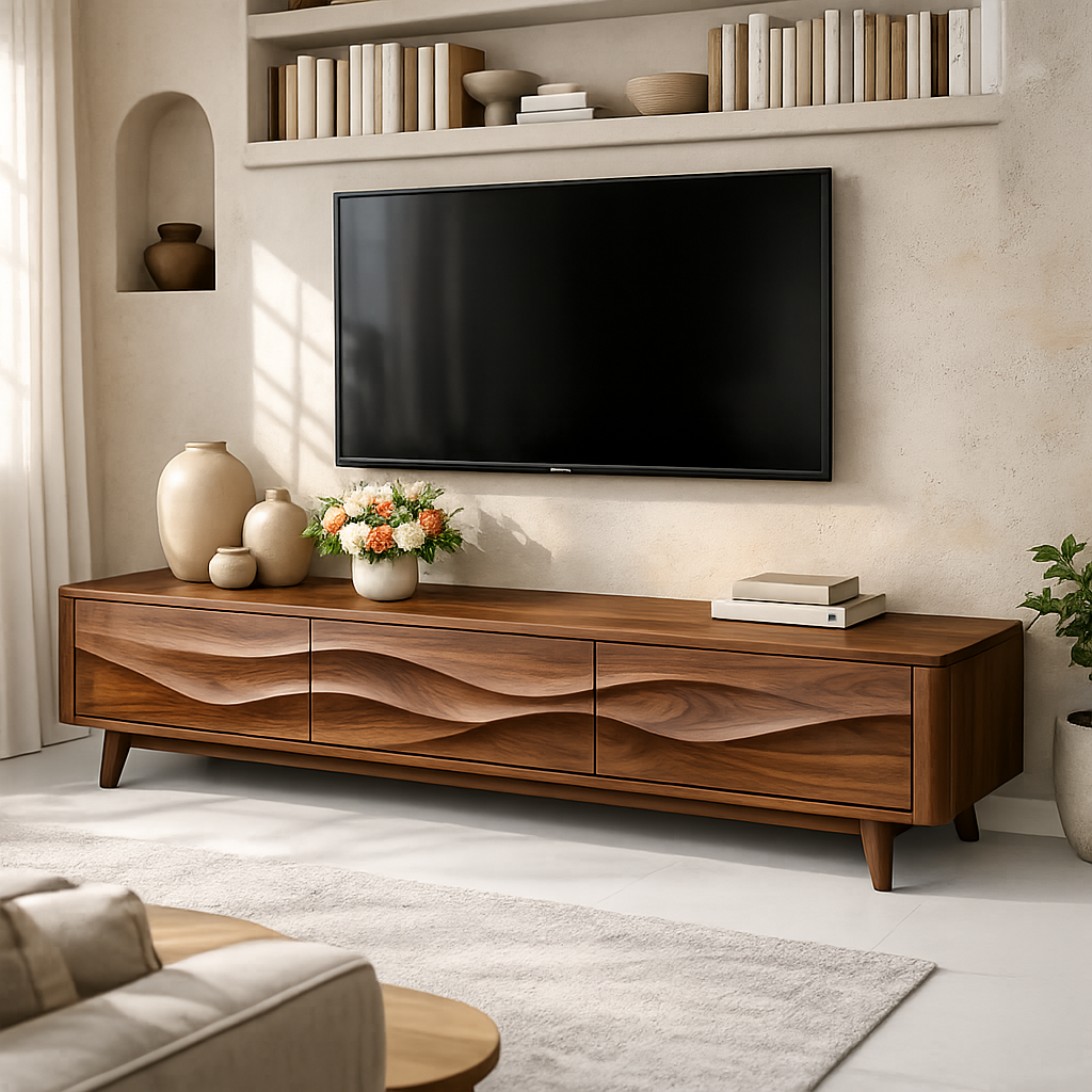 Solid Wood Wave Front TV Stand with Drawers for Modern Living Room
