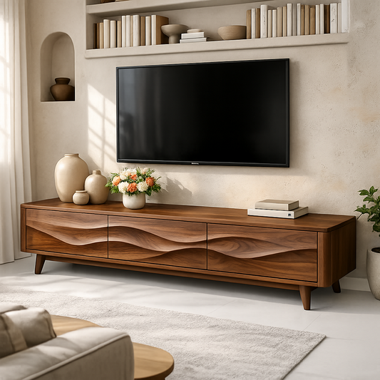Solid Wood Wave Front TV Stand with Drawers for Modern Living Room