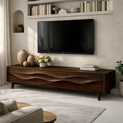 Solid Wood Wave Front TV Stand with Drawers for Modern Living Room