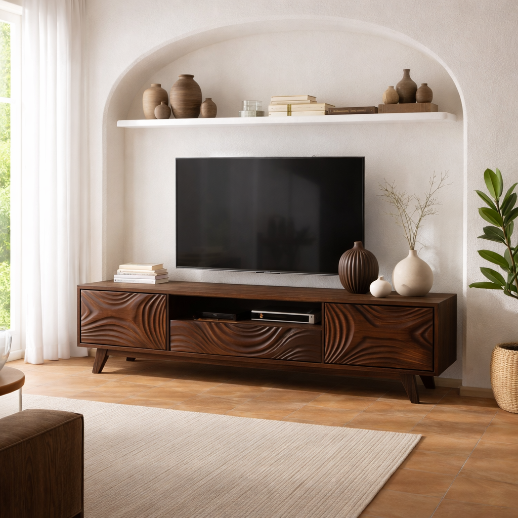 Handcrafted Solid Wood Carved TV Stand with Artistic Wave Design