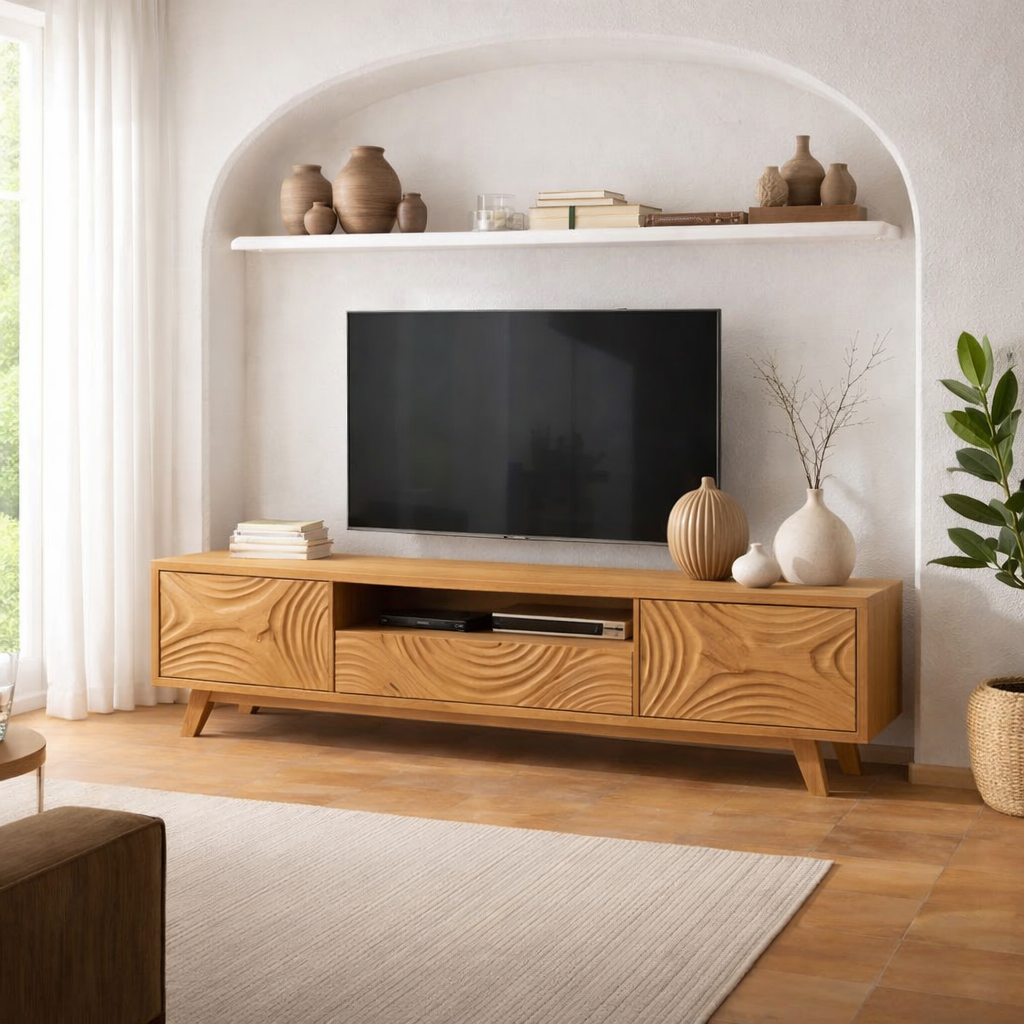 Handcrafted Solid Wood Carved TV Stand with Artistic Wave Design