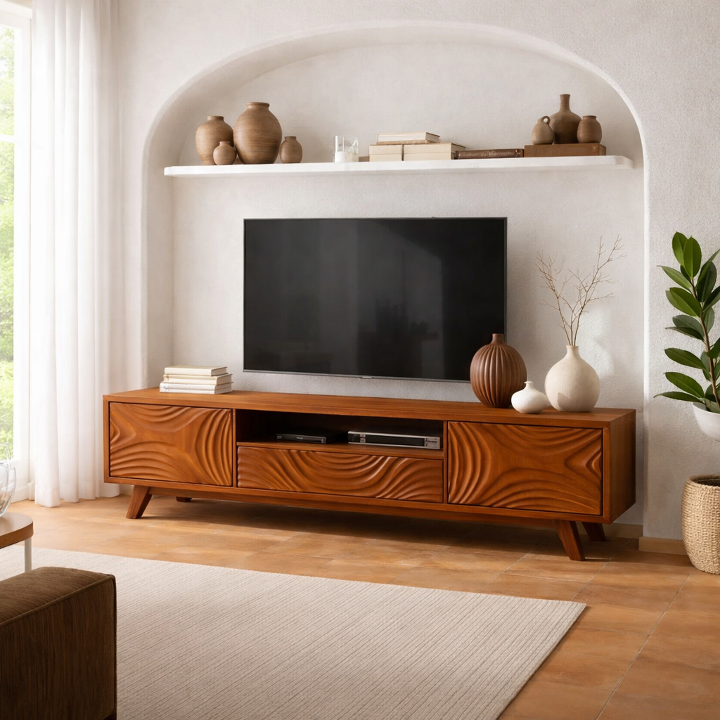 Handcrafted Solid Wood Carved TV Stand with Artistic Wave Design
