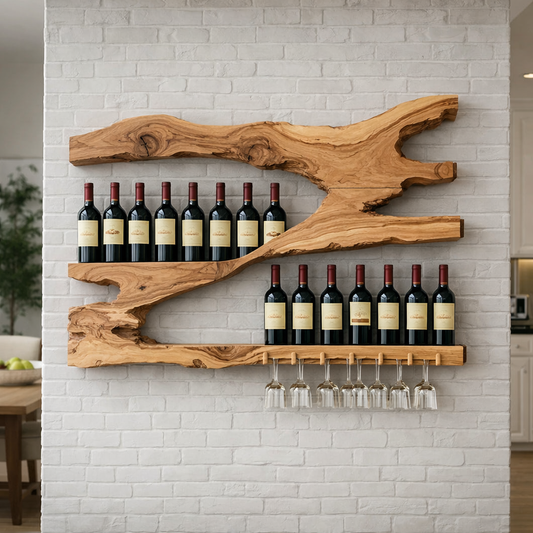 Live Edge Solid Wood Wine Rack Wall Shelf with Glass Holder