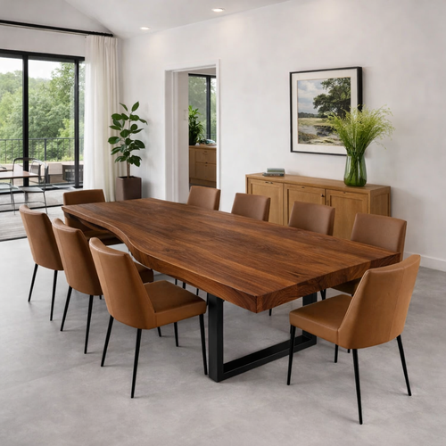 Handcrafted Solid Wood Dining Table with Live Edge Top and Black Metal Frame