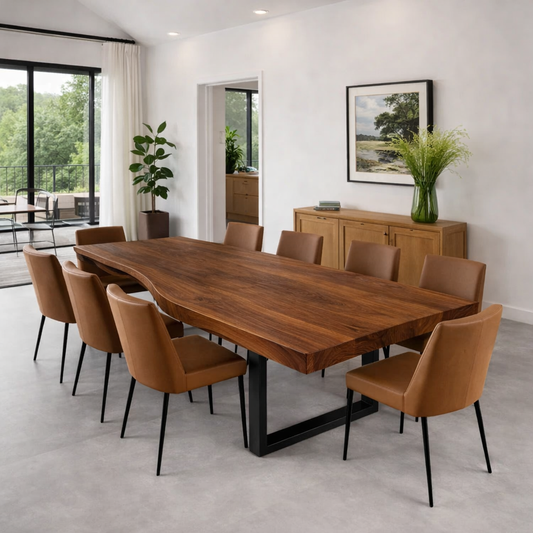 Handcrafted Solid Wood Dining Table with Live Edge Top and Black Metal Frame