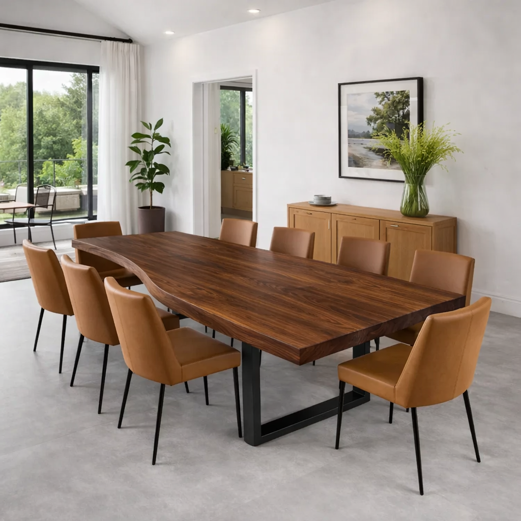 Handcrafted Solid Wood Dining Table with Live Edge Top and Black Metal Frame