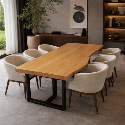 Solid Wood Dining Table with Live Edge Top & Black Metal Base