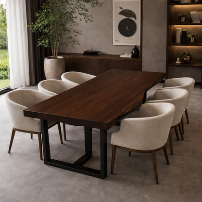 Solid Wood Dining Table with Live Edge Top & Black Metal Base