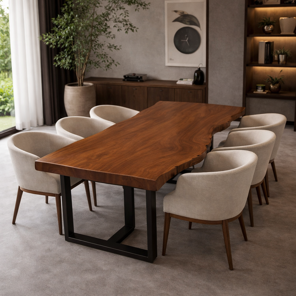 Solid Wood Dining Table with Live Edge Top & Black Metal Base