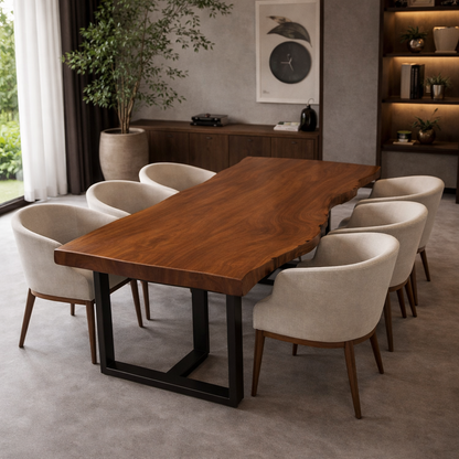 Solid Wood Dining Table with Live Edge Top & Black Metal Base