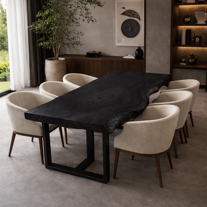 Solid Wood Dining Table with Live Edge Top & Black Metal Base