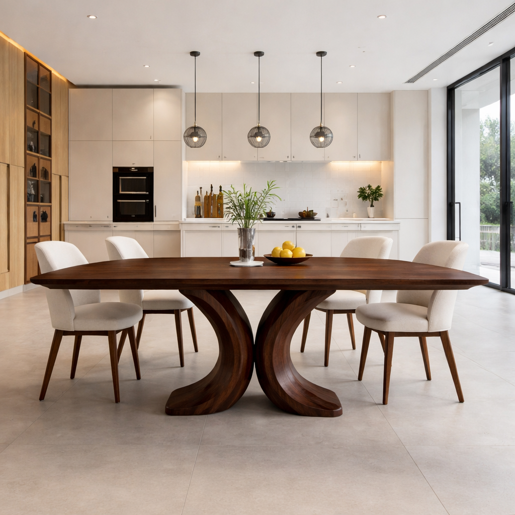Solid Wood Dining Table with Curved Sculptural Base – Modern Minimalist Kitchen Table