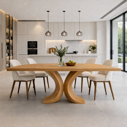 Solid Wood Dining Table with Curved Sculptural Base – Modern Minimalist Kitchen Table