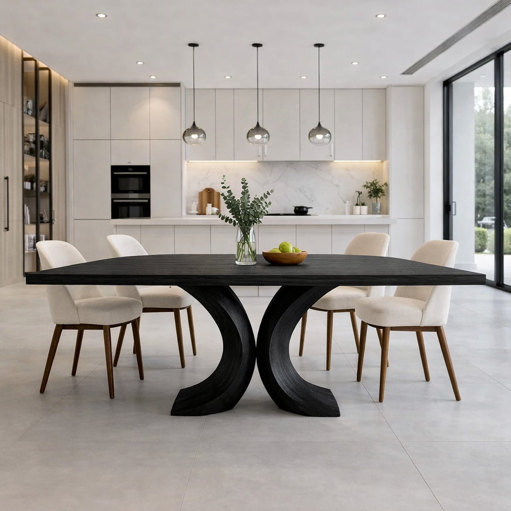 Solid Wood Dining Table with Curved Sculptural Base – Modern Minimalist Kitchen Table