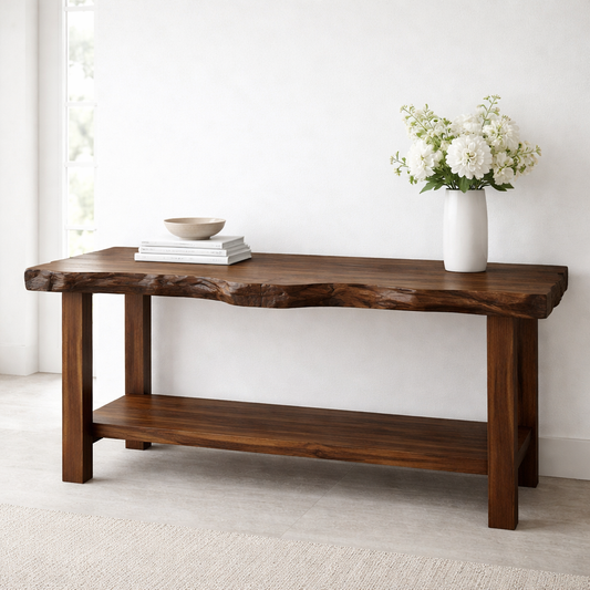 Solid Wood Console Table with Live Edge Top – Rustic Entryway & Sofa Table with Shelf